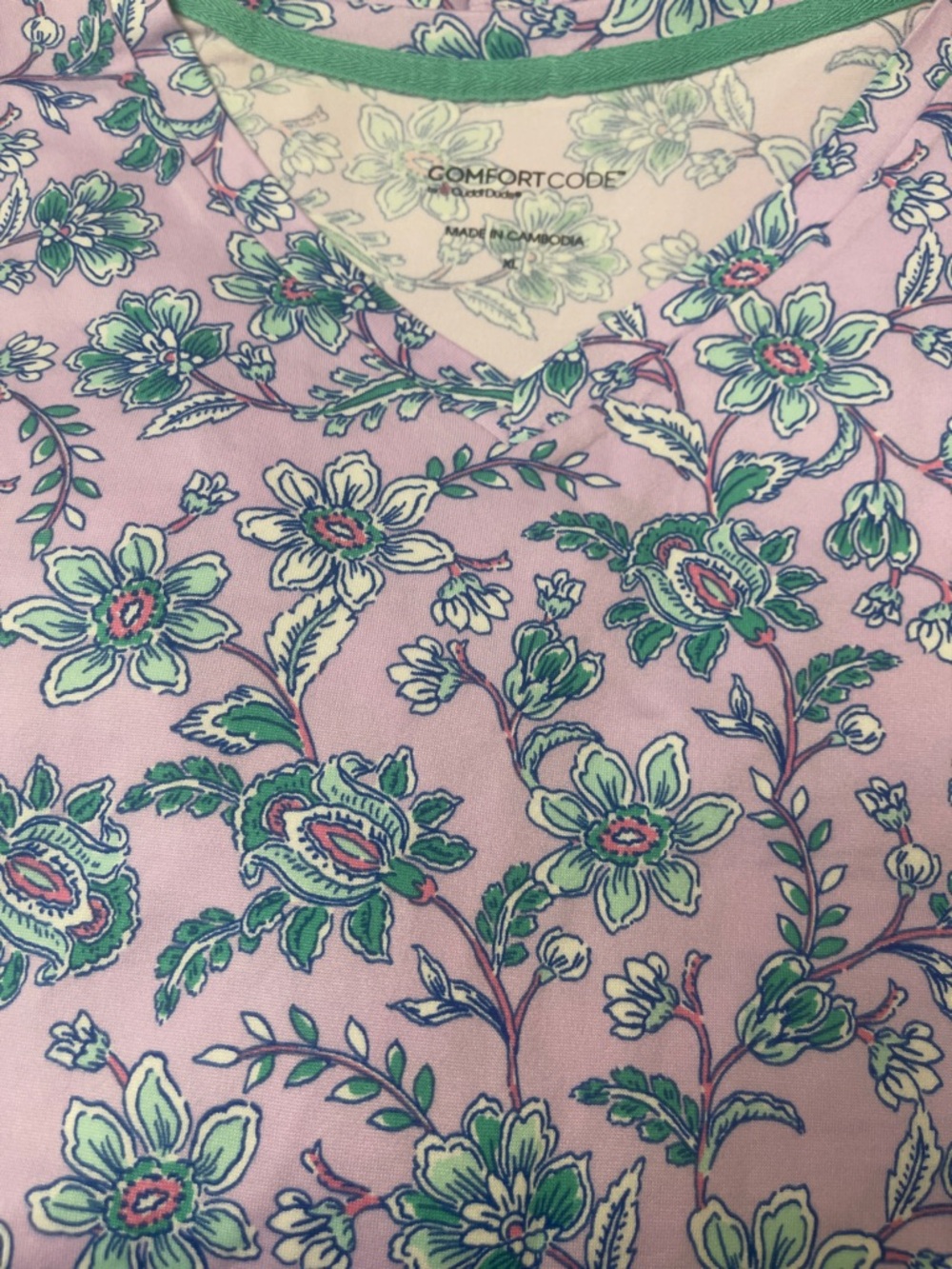 Comfort Code Lavender Floral V-Neck Top with Green Trim